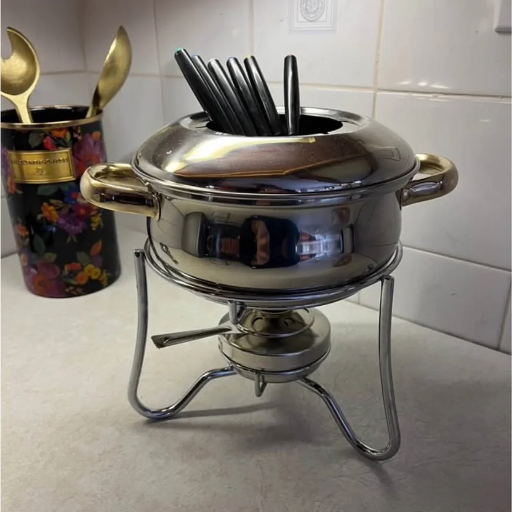 Tools of The Trade 2qt Stainless Steel Fondue Set with colorful forks